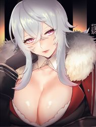 Rule 34 | 1girl, ariesuzu (ariessz), arm support, artist name, azur lane, black gloves, blush, breasts, cleavage, closed mouth, dated, fur collar, fur trim, gloves, graf zeppelin (azur lane), hair between eyes, hand on own cheek, hand on own face, hand up, head tilt, huge breasts, lips, long sleeves, looking at viewer, pink eyes, shiny skin, short hair with long locks, sidelocks, smile, solo, upper body