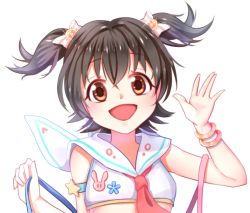 Rule 34 | 1girl, akagi miria, blush, bow, bracelet, brown eyes, close-up, crop top, hair bow, idolmaster, idolmaster cinderella girls, jewelry, looking at viewer, open mouth, red neckwear, saltycaramel, short hair, short twintails, smile, solo, twintails, two side up, upper body