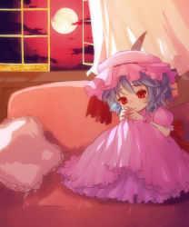 Rule 34 | 1girl, bad id, bad pixiv id, couch, female focus, frilled pillow, frills, hanui, highres, moon, oto, pillow, red eyes, red sky, red upholstery, remilia scarlet, sky, solo, touhou, window