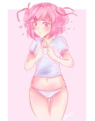 Rule 34 | 1girl, :o, absurdres, arms at sides, artist name, blush, border, bra strap, breasts, casual, cowboy shot, doki doki literature club, eyebrows hidden by hair, female focus, fingers together, hair ornament, hair ribbon, hairclip, heart, heart-shaped pupils, highres, looking to the side, natsuki (doki doki literature club), navel, no pants, octoplus, own hands together, panties, parted lips, pink background, pink eyes, pink hair, red headwear, red ribbon, ribbon, shirt, short sleeves, short twintails, shy, small breasts, solo, standing, symbol-shaped pupils, thighs, twintails, underwear, white border, white shirt