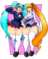Rule 34 | 2girls, absurdres, akita neru, aqua hair, black footwear, blonde hair, blue eyes, blush, border, breasts, closed mouth, dragoontequila, full body, hatsune miku, highres, large breasts, long hair, long sleeves, looking at viewer, matching hair/eyes, miniskirt, multiple girls, open mouth, panties, pink background, shiny skin, shirt, shoes, side ponytail, skirt, smile, standing, teeth, thick thighs, thighhighs, thighs, twintails, underwear, upper teeth only, v, very long hair, vest, vocaloid, white border, white legwear, white panties, white shirt, yellow eyes