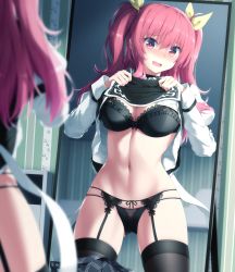 Rule 34 | 10s, 1girl, black bra, black garter belt, black panties, black thighhighs, blurry, blush, bow, bow bra, bra, breasts, cleavage, clothes lift, commentary request, depth of field, female focus, garter belt, garter straps, goribote, hair ribbon, indoors, lace, lace-trimmed bra, lace-trimmed garter belt, lace-trimmed panties, lace trim, large breasts, lifted by self, lingerie, long hair, long sleeves, looking at mirror, mirror, narrow waist, navel, open mouth, panties, rakudai kishi no cavalry, red eyes, red hair, reflection, ribbon, school uniform, shirt lift, skindentation, skirt, skirt around one leg, solo, stella vermillion, sweatdrop, thighhighs, twintails, two side up, underwear, undressing, wide hips