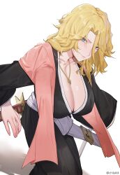 Rule 34 | 1girl, bleach, blonde hair, blue eyes, breasts, chilakkk, cleavage, highres, jewelry, large breasts, looking at viewer, matsumoto rangiku, mole, mole under mouth, necklace, smile, solo, sword, weapon