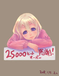 Rule 34 | 1girl, blonde hair, blue eyes, brown background, dated, female focus, lowres, milestone celebration, simple background, solo, weno, weno&#039;s blonde original character