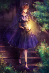 Rule 34 | black gloves, blue dress, bush, candle, choker, dress, full body, headdress, high heels, holding, holding candle, laces, looking ahead, multiple bushes, narcolepsy, outdoors, see-through, short sleeves, stairs, veil, walking