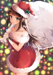 Rule 34 | 1girl, absurdres, bag, bare shoulders, bell, black hair, blunt bangs, blurry, blurry background, blush, bow, christmas, christmas lights, collarbone, dress, gift bag, gloves, green bow, green eyes, hair ornament, hairclip, hat, highres, kurosawa dia, long hair, looking at viewer, love live!, love live! sunshine!!, mole, mole under mouth, off shoulder, red dress, santa costume, santa hat, sin (sin52y), smile, snow, solo, white gloves