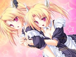 Rule 34 | 2girls, blonde hair, blush, grabbing another&#039;s breast, breasts, cleavage, detached collar, grabbing, highres, incest, magus tale, maid, multiple girls, nina geminis, non-web source, purple eyes, rena geminis, siblings, sisters, tenmaso, twincest, twins, twintails, yuri