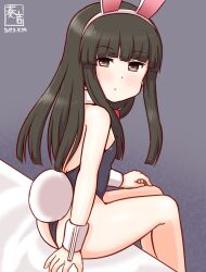 Rule 34 | 1girl, animal ears, ass, bare legs, bare shoulders, bed, black hair, black leotard, blunt bangs, blush, bow, bowtie, brown eyes, detached collar, fake animal ears, grey background, hatsuyuki (kancolle), hime cut, kanon (kurogane knights), kantai collection, leotard, long hair, looking at viewer, one-hour drawing challenge, playboy bunny, rabbit ears, rabbit tail, sitting, solo, strapless, strapless leotard, tail, wrist cuffs