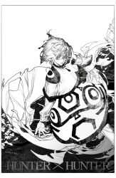 Rule 34 | 1boy, absurdres, adjusting hair, border, capelet, copyright name, floating hair, from above, from side, greyscale, hand on own head, hand up, highres, hunter x hunter, kurapika, llost, long sleeves, looking at viewer, male focus, monochrome, robe, short hair, signature, solo, traditional media