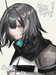 Rule 34 | 1girl, absurdres, arknights, dated, grey background, grey eyes, grey hair, grey shirt, greythroat (arknights), hair between eyes, hair ornament, happy birthday, highres, looking at viewer, parted lips, portrait, shirt, short hair, simple background, solo, twitter username, wachi (wachi yo)