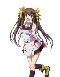 Rule 34 | 1girl, :d, arms behind back, belt, black socks, brown hair, detached sleeves, fang, green eyes, hair between eyes, hair ribbon, highres, huang lingyin, infinite stratos, kneehighs, leg up, long hair, looking at viewer, open mouth, ribbon, shiny skin, simple background, smile, socks, solo, standing, standing on one leg, twintails, very long hair, white background, yellow ribbon