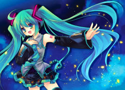 Rule 34 | 1girl, :d, ahoge, aqua hair, belt, black skirt, blue background, collared shirt, cowboy shot, detached sleeves, glowing, gradient hair, grey shirt, hair between eyes, hair ornament, hand on own chest, hatsune miku, headphones, headset, long hair, microphone, miniskirt, multicolored hair, music, nail polish, necktie, open mouth, outstretched arm, petals, pleated skirt, shatiko, shinia, shirt, simple background, singing, skirt, smile, solo, tattoo, thighhighs, twintails, very long hair, vocaloid