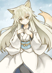 Rule 34 | 1girl, animal ears, blue background, hands on own chest, highres, japanese clothes, kimono, long hair, looking at viewer, obi, original, sash, senhappyaku, smile, snow, solo, tail, white hair, wolf ears, wolf tail, yellow eyes