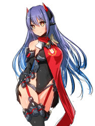 Rule 34 | 1girl, android, artist request, breasts, covered navel, elbow gloves, female focus, gloves, hand on thigh, igamushi4848, large breasts, long hair, looking at viewer, mecha musume, nintendo, poppi (xenoblade), poppi qtpi (xenoblade), purple hair, scarf, simple background, smile, solo, thighhighs, thighs, very long hair, white background, xenoblade chronicles (series), xenoblade chronicles 2