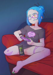 1girl alternate_hairstyle amputee aqua_eyes black_shirt blue_hair can cleft_of_venus collarbone commentary controller convenient_censoring couch drink_can english_commentary english_text eyebrow_cut fingernails flat_chest forehead game_controller gamepad glasses green_nails gremmo_(the_pink_pirate) hair_bun hair_in_own_mouth hair_ornament hair_stick heterochromia highres leg_tattoo long_fingernails mole mole_under_eye monster_energy nail_polish no_panties orange_eyes original paid_reward_available petite pink-framed_eyewear pink_tattoo print_shirt pussy pussy_peek screen_light shirt short_hair single_hair_bun sitting soda_can solo symbol-shaped_pupils t-shirt tattoo the_pink_pirate toenail_polish toenails toes wireless_game_controller