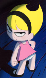 Rule 34 | 1girl, blonde hair, clenched hand, closed mouth, dress, frown, full body, hairband, haruyama kazunori, long hair, looking at viewer, mandy (grim adventures), off-topic, official style, panties, pink dress, shadow, short hair, skirt, solo, the grim adventures of billy &amp; mandy, underwear, white panties, wooden floor