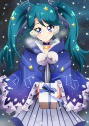 Rule 34 | 1girl, alternate costume, alternate hairstyle, blue eyes, blue hair, box, breath, capelet, christmas, dress, gift, gift box, go! princess precure, hair ornament, hair ribbon, highres, jewelry, kaidou minami, long hair, masako (sabotage-mode), matching hair/eyes, necklace, precure, ribbon, smile, snowing, solo, star (symbol), star necklace, striped clothes, striped dress, twintails