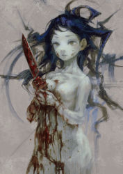 Rule 34 | 1girl, blood, blood on breasts, blood on face, blood on hands, bloody knife, bloody weapon, blue hair, breasts, brown eyes, empty eyes, jonpei, knife, long hair, messy hair, naked blood, nude, original, pale skin, simple background, solo, weapon