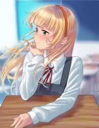 Rule 34 | 1girl, arm rest, blonde hair, blunt bangs, blurry, blurry background, blush, chair, chalkboard, classroom, closed mouth, collared shirt, commentary request, desk, dress, green eyes, grey dress, hair behind ear, hairband, head rest, heanna sumire, highres, indoors, long hair, long sleeves, looking to the side, love live!, love live! superstar!!, mei hinamatsu, neck ribbon, orange hairband, pinafore dress, red ribbon, ribbon, school, school desk, school uniform, shirt, sitting, sleeveless, sleeveless dress, smile, solo, string tie, white shirt, yuigaoka school uniform