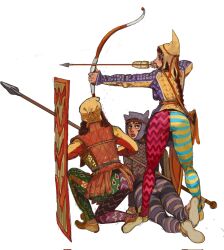 Rule 34 | 3girls, arrow (projectile), ass, ass focus, bow (weapon), braid, hat, highres, historically accurate costume, holding, holding bow (weapon), holding weapon, leggings, long hair, looking back, mossacannibalis, multiple girls, original, polearm, quiver, red hair, scythian, shield, spear, weapon, white background