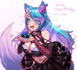 Rule 34 | 1girl, absurdres, animal ear fluff, animal ears, black skirt, blue eyes, blue hair, breasts, bsapricot, cleavage, floating hair, flower, food, gradient hair, hair flower, hair ornament, happy birthday, hat, heart, highres, holding, holding food, large breasts, long hair, multicolored hair, nail polish, navel, open mouth, party hat, pink flower, pink hair, silvervale, silvervale (4th costume), skirt, solo, sushi, tail, virtual youtuber, vshojo