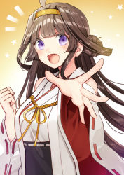 Rule 34 | 1girl, :d, ahoge, bad id, bad pixiv id, bare shoulders, black skirt, blush, breasts, brown hair, clenched hand, commentary request, detached sleeves, double bun, fingernails, gradient background, hair bun, hairband, hand up, kantai collection, kongou (kancolle), kongou kai ni (kancolle), kurata rine, long hair, long sleeves, medium breasts, nontraditional miko, open mouth, orange background, orange hairband, outstretched arm, purple eyes, ribbon-trimmed sleeves, ribbon trim, side bun, single side bun, skirt, smile, solo, star (symbol), starry background, v-shaped eyebrows, very long hair, white background, wide sleeves