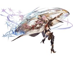 Rule 34 | 10s, 1girl, animal ears, ass, blue eyes, bow, braid, cape, dark-skinned female, dark skin, full body, granblue fantasy, gun, holding, holding weapon, leotard, long hair, looking at viewer, looking back, minaba hideo, official art, pink hair, ribbon, serious, simple background, solo, thighhighs, tien (granblue fantasy), transparent background, twin braids, very long hair, weapon, white background