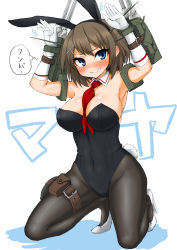 Rule 34 | 10s, 1girl, alternate costume, animal ears, bad id, bad pixiv id, black pantyhose, blue eyes, blush, breasts, brown hair, cleavage, dakku (ogitsune), detached collar, fake animal ears, gloves, hair ornament, high heels, kantai collection, large breasts, leotard, maya (kancolle), navel, pantyhose, playboy bunny, profanity, rabbit ears, rabbit tail, shiny skin, short hair, simple background, smile, solo, tail, translated, white background, wrist cuffs