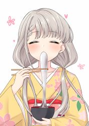 Rule 34 | 1girl, absurdres, blush, bowl, braid, braided bangs, chopsticks, closed eyes, collarbone, commentary request, eating, facing viewer, floral print, food, furisode, hair over shoulder, highres, hisakawa nagi, holding, holding bowl, holding chopsticks, idolmaster, idolmaster cinderella girls, idolmaster cinderella girls starlight stage, japanese clothes, kimono, long hair, long sleeves, looking at viewer, low twintails, mitsumine raimu, mochi, obi, print kimono, sash, simple background, solo, twintails, upper body, white background, wide sleeves, yellow kimono