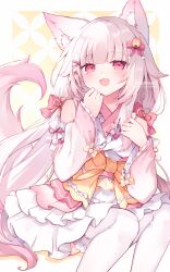 Rule 34 | 1girl, :d, animal ear fluff, animal ears, bare shoulders, bell, bow, commentary request, copyright request, detached sleeves, feet out of frame, fukunoki tokuwa, grey hair, hair bell, hair bow, hair ornament, hairclip, hands up, highres, japanese clothes, jingle bell, kimono, long hair, long sleeves, looking at viewer, low twintails, open mouth, pink bow, pink sleeves, red eyes, sitting, smile, solo, tail, thighhighs, twintails, very long hair, virtual youtuber, watermark, white kimono, white thighhighs, wide sleeves, yellow bow