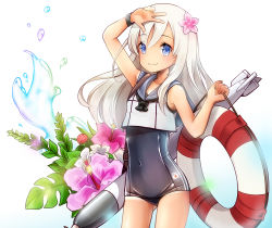 Rule 34 | 10s, 1girl, blonde hair, blue eyes, crop top, flower, hair flower, hair ornament, hibiscus, hilo (joy hero), kantai collection, lifebuoy, one-piece swimsuit, one-piece tan, pilokey, ro-500 (kancolle), sailor collar, school swimsuit, smile, solo, standing, swim ring, swimsuit, swimsuit under clothes, tan, tanline, torpedo, water