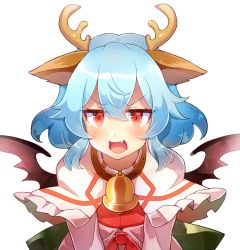 Rule 34 | 1girl, 60mai, animal ears, antlers, bat wings, bell, blue hair, blush, commentary request, deer ears, dress, fake animal ears, hair between eyes, horns, jitome, long sleeves, looking at viewer, open mouth, pink dress, red eyes, remilia scarlet, short hair, simple background, solo, touhou, upper body, white background, wings
