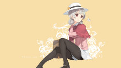 Rule 34 | 1girl, black pantyhose, bow, bowtie, bug, butterfly, capelet, collared shirt, copyright name, dlsite.com, double bun, flower, grey hair, hair bun, hat, hat ornament, highres, insect, official art, official wallpaper, pantyhose, parsley-f, pink sweater, pleated skirt, red eyes, shirt, sitting, skirt, solo, sunlight, sweater, wallpaper, white hat, white skirt, xi lily, yellow background