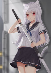 Rule 34 | 1girl, :o, absurdres, animal ears, blue bow, blunt bangs, blush, bow, breasts, cat ears, cat tail, commentary request, grey hair, highres, holding, holding sword, holding weapon, katana, long hair, looking at viewer, midriff peek, miniskirt, original, red eyes, school uniform, sheath, shirt, short sleeves, sidelocks, skirt, small breasts, solo, standing, sword, tail, tail raised, tanshio, thigh strap, thighhighs, thighs, uniform, weapon, white hair, white shirt, zettai ryouiki