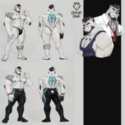Rule 34 | 1boy, animal ears, ass, back tattoo, bara, bear boy, bear ears, bear tail, beard, bikini briefs, black male underwear, bulge, clenched hand, commission, facial hair, frown, full body, furry, furry male, highres, large hands, large pectorals, leg tattoo, looking at viewer, male focus, male underwear, mature male, multiple views, muscular, muscular male, mustache stubble, navel hair, nipples, original, pectoral cleavage, pectorals, rayther dawn, scar, scar on face, scar on nose, short hair, singlet, standing, strongman waist, stubble, tail, tattoo, thick eyebrows, thick thighs, thighs, tooboshoo, topless male, underwear, white fur, wrestler, wrestling outfit