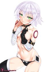 Rule 34 | 1girl, arm belt, bandages, black panties, blush, breasts, closed mouth, covering privates, covering breasts, cowboy shot, curvy, embarrassed, facial scar, fate/apocrypha, fate (series), female focus, gloves, green eyes, hair between eyes, jack the ripper (fate/apocrypha), looking at viewer, lowleg, lowleg panties, medium breasts, mr bowater, navel, panties, patreon username, scar, scar across eye, scar on cheek, scar on face, shiny skin, short hair, shoulder tattoo, silver hair, simple background, single glove, skindentation, solo, tattoo, thighhighs, thong, topless, underwear, watermark, web address, white background