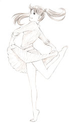Rule 34 | 1girl, bare legs, barefoot, dress, long hair, monochrome, original, sketch, skirt, skirt hold, solo, traditional media, twintails, yoshitomi akihito