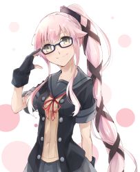 Rule 34 | 10s, 1girl, adjusting eyewear, arm behind back, artist request, bespectacled, black-framed eyewear, buttons, closed mouth, glasses, gloves, hair between eyes, hair flaps, hair ornament, hair ribbon, kantai collection, long hair, looking at viewer, neck ribbon, partially fingerless gloves, pink hair, pleated skirt, ponytail, red ribbon, ribbon, sailor collar, school uniform, short sleeves, skirt, smile, solo, upper body, very long hair, yellow eyes, yura (kancolle), yura kai ni (kancolle)