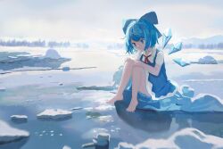 Rule 34 | 1girl, barefoot, blue bow, blue dress, blue eyes, blue hair, bow, cirno, cirno day, closed mouth, collared shirt, detached wings, dress, fairy, hair bow, highres, ice, ice wings, pinafore dress, shirt, short hair, short sleeves, sleeveless, sleeveless dress, solo, touhou, uroam, white shirt, wings