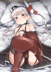 Rule 34 | 1girl, absurdres, amatsukaze (kancolle), areola slip, ass, bare shoulders, bed, black panties, blush, breasts, brown dress, brown eyes, cameltoe, choker, closed mouth, collarbone, commentary request, dress, garter straps, hair tubes, hairband, high heels, highres, kantai collection, leg up, legs, long hair, long sleeves, looking at viewer, lying, off shoulder, on bed, open clothes, panties, pillow, rudder footwear, silver hair, small breasts, smokestack hair ornament, solo, steam, sweat, thighhighs, two side up, underwear, wet, zetsuriinu (kairyougata)