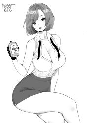 Rule 34 | 1girl, aliasing, artist name, asahi beer, asahi breweries, bare arms, bare shoulders, beer can, blouse, breasts, can, cleavage, collared shirt, commission, crossed legs, curvy, drink can, drunk, facing viewer, gloves, greyscale, highres, large breasts, looking at viewer, mature female, miniskirt, monochrome, necktie, norman maggot, parted lips, partially unbuttoned, pencil skirt, shirt, short hair, simple background, sitting, skirt, sleeveless, sleeveless shirt, snk, solo, standing, sweat, swept bangs, the king of fighters, undone necktie, vanessa (kof), white background