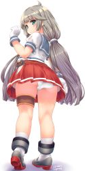 Rule 34 | 1girl, ass, blue sailor collar, dd (ijigendd), from behind, from below, gloves, green eyes, grey hair, highres, hip vent, kantai collection, long hair, looking at viewer, looking back, low twintails, mikura (kancolle), panties, pantyshot, pleated skirt, puffy short sleeves, puffy sleeves, red skirt, sailor collar, sailor shirt, shirt, short sleeves, simple background, skirt, socks, solo, twintails, underwear, white background, white gloves, white panties, white shirt, white socks