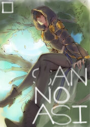 Rule 34 | 1boy, armor, belt, black leggings, blue belt, boots, branch, breastplate, cape, commentary request, crossed legs, english text, expressionless, forest, from below, full body, granblue fantasy, green cape, hair between eyes, high heel boots, high heels, hood, hood up, in tree, leggings, looking at viewer, looking down, nature, pants, parted lips, red eyes, sandalphon (granblue fantasy), short hair, shoulder armor, sitting, sitting in tree, sketch, solo, tekki (tki), tight clothes, tight pants, tree, unfinished