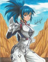Rule 34 | 1girl, 2021, armor, artist name, belt, blue eyes, blue hair, bodysuit, clenched hand, cliff, closed mouth, cowboy shot, day, earrings, female focus, fighting stance, gloves, highres, jewelry, kof: maximum impact, leona heidern, outdoors, ponytail, ravernclouk design, shoulder armor, sky, snk, solo, the king of fighters, traditional media, triangle earrings, white bodysuit, white gloves