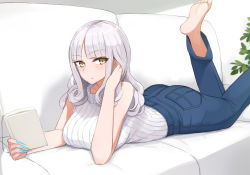 Rule 34 | 1girl, alternate costume, barefoot, blue nails, blue pants, breasts, carmilla (fate), casual, couch, curly hair, denim, fate/grand order, fate (series), feet, feet up, fingernails, grey hair, jeans, kozara14, large breasts, legs up, long fingernails, long hair, lying, nail polish, on couch, on stomach, pants, ribbed sweater, sharp fingernails, sleeveless, sleeveless sweater, soles, solo, sweater, the pose, turtleneck, turtleneck sweater, yellow eyes