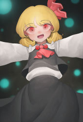 Rule 34 | 1girl, bad id, bad pixiv id, blonde hair, blush, fang, long sleeves, looking at viewer, ni (221), open mouth, outstretched arms, red eyes, rumia, short hair, smile, solo, swept bangs, touhou