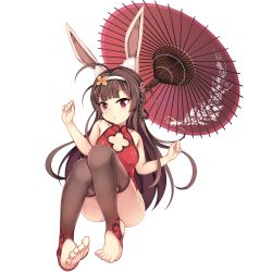 Rule 34 | 1girl, animal ears, azur lane, bare arms, bare shoulders, blush, braid, breasts, brown hair, brown thighhighs, china dress, chinese clothes, chrisandita, commentary, dress, full body, highres, holding, holding umbrella, long hair, looking at viewer, medium breasts, oil-paper umbrella, parted lips, ping hai (azur lane), ping hai (osmanthus moon rabbit) (azur lane), rabbit ears, red dress, red eyes, red umbrella, simple background, sleeveless, sleeveless dress, solo, stirrup legwear, thighhighs, toeless legwear, transparent background, umbrella, very long hair, white background