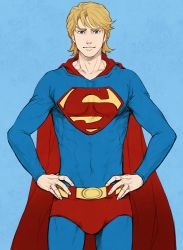 Rule 34 | 1boy, bad id, bad pixiv id, blonde hair, blue eyes, cape, clothes writing, cosplay, dc comics, hands on own hips, keith goodman, male focus, neopara, parody, s shield, short hair, solo, spandex, superman, superman (cosplay), superman (series), superman (symbol), tiger &amp; bunny