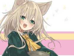 Rule 34 | 1girl, an fyhx, animal ears, arknights, basket, black choker, bow, bowtie, brown hair, choker, dog ears, floral background, green eyes, green jacket, hair between eyes, highres, holding, holding basket, jacket, leaf, long hair, open clothes, open jacket, open mouth, pink background, podenco (arknights), shirt, solo, striped, striped background, teeth, upper teeth only, white background, white shirt, yellow background, yellow bow, yellow bowtie
