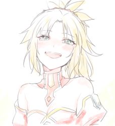 Rule 34 | 1girl, :d, bare shoulders, blonde hair, blue eyes, blush, breasts, commentary request, detached collar, fate/apocrypha, fate (series), hair ornament, hair scrunchie, ica, looking at viewer, mordred (fate), mordred (fate/apocrypha), open mouth, pale color, parted bangs, ponytail, scrunchie, short hair, simple background, small breasts, smile, solo, tears, upper body, white background